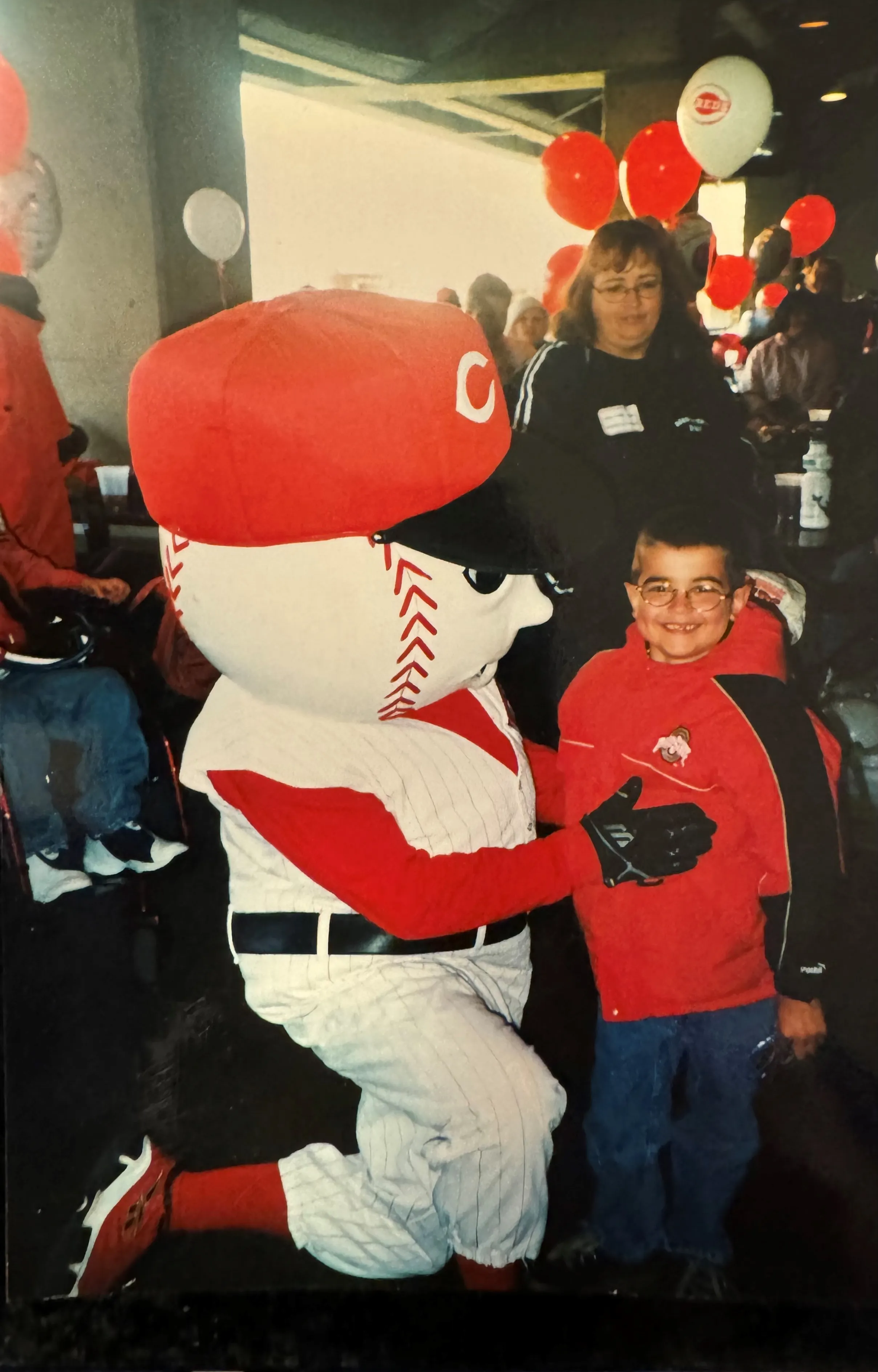 Alex with Mr. Red, Cincinnati Reds mascot